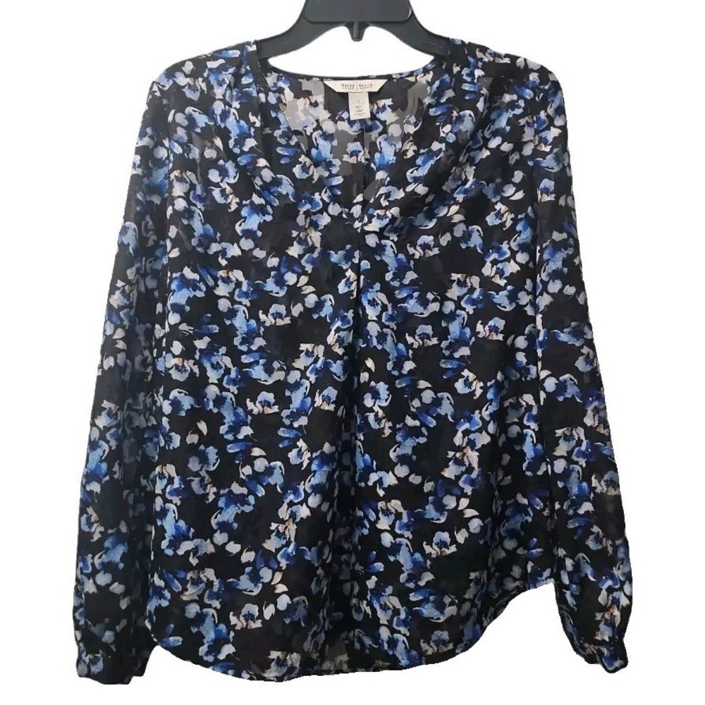 White House Black Market Women Size 2‎ Blouse Blue/Black V-Neck Floral Print